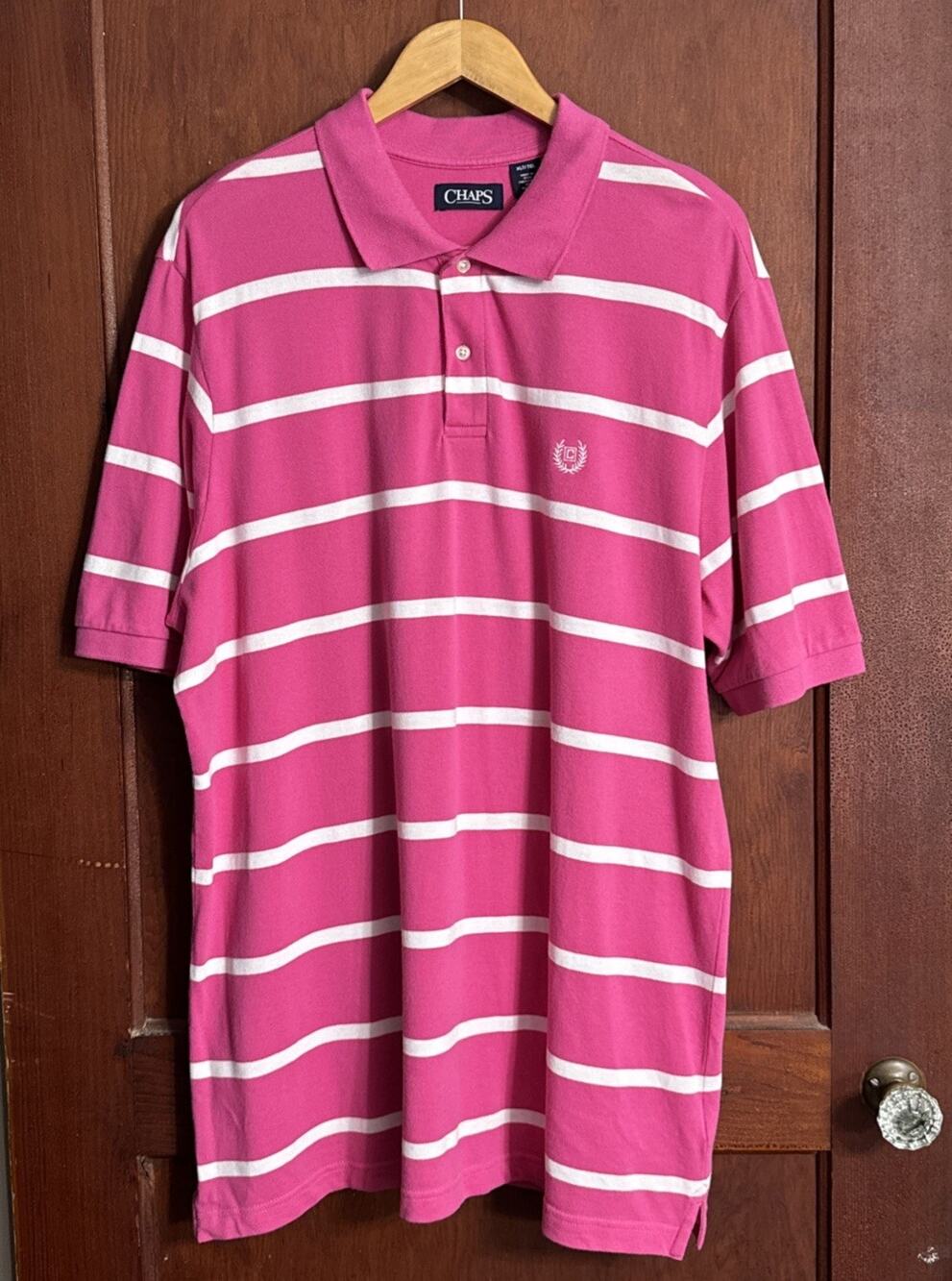 Chaps Men’s XL Peony Pink White Stripe 100% Cotton Polo Shirt Preppy Golf Y2K
